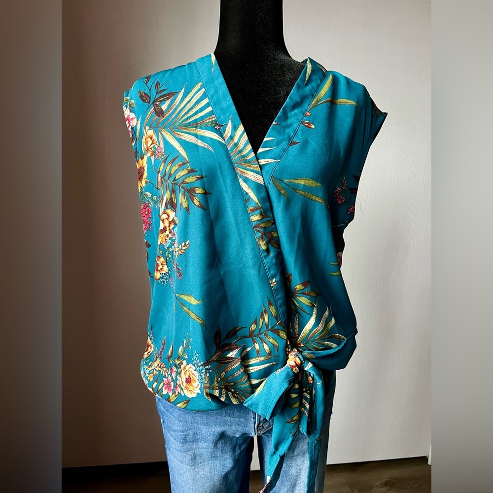 She + Sky Teal Tropical Wrap Tie Blouse
